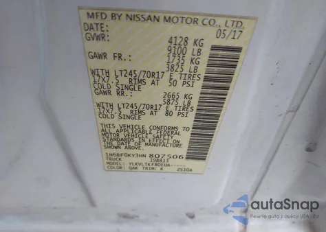 2017 Nissan Nv Cargo Nv2500 Hd Sv V6 из США, поврежденный, VIN 1N6BF0KY3HN807506